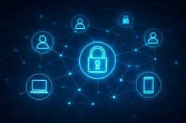 A digital web of glowing interconnected icons representing people, locks, and devices — symbolizing shared cybersecurity responsibility and layered defense.